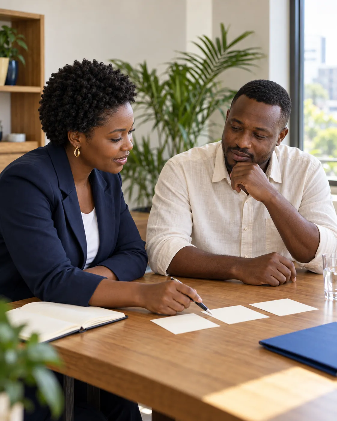 An adviser and business owner choosing a priority together
