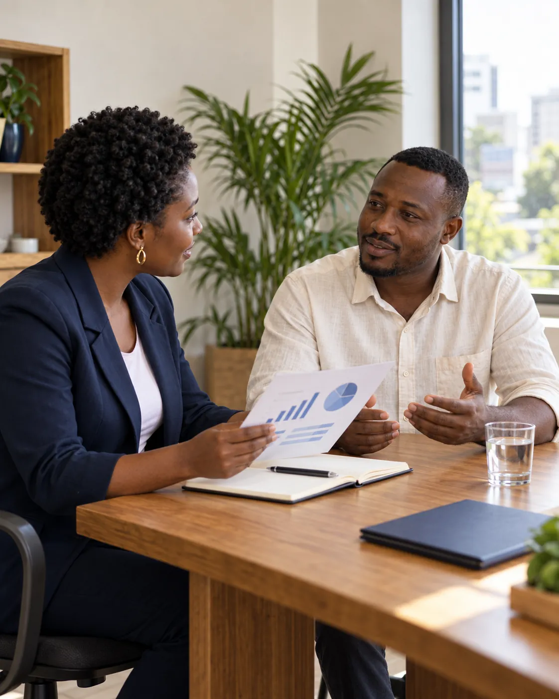 An adviser and business owner reviewing a progress report together