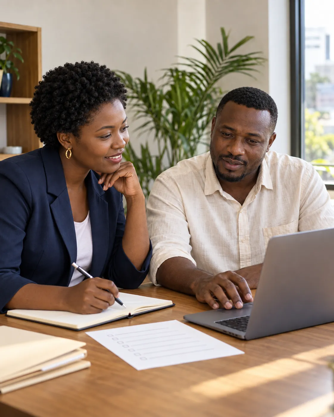 An adviser helping a business owner work through tasks at a laptop