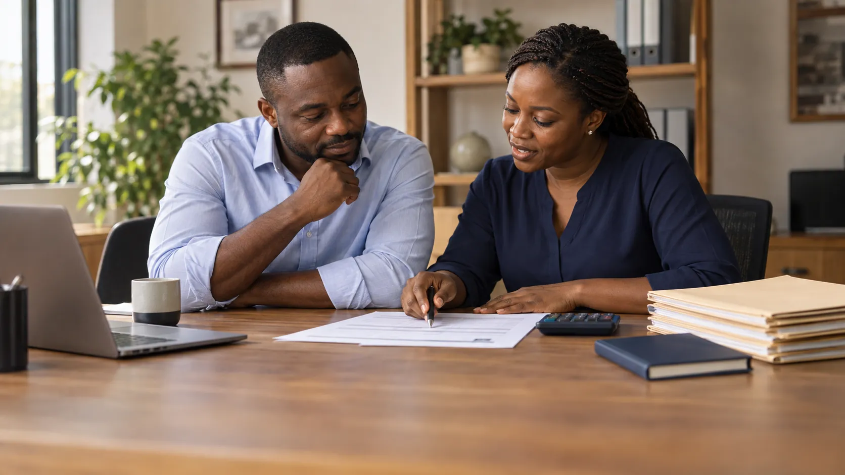 A business owner and adviser reviewing organised paperwork