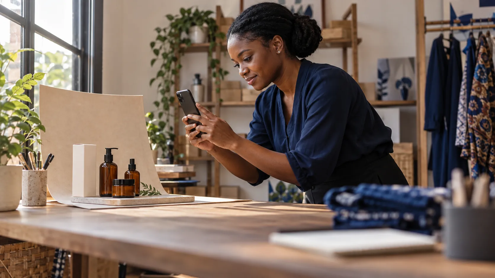 An entrepreneur photographing products with her phone